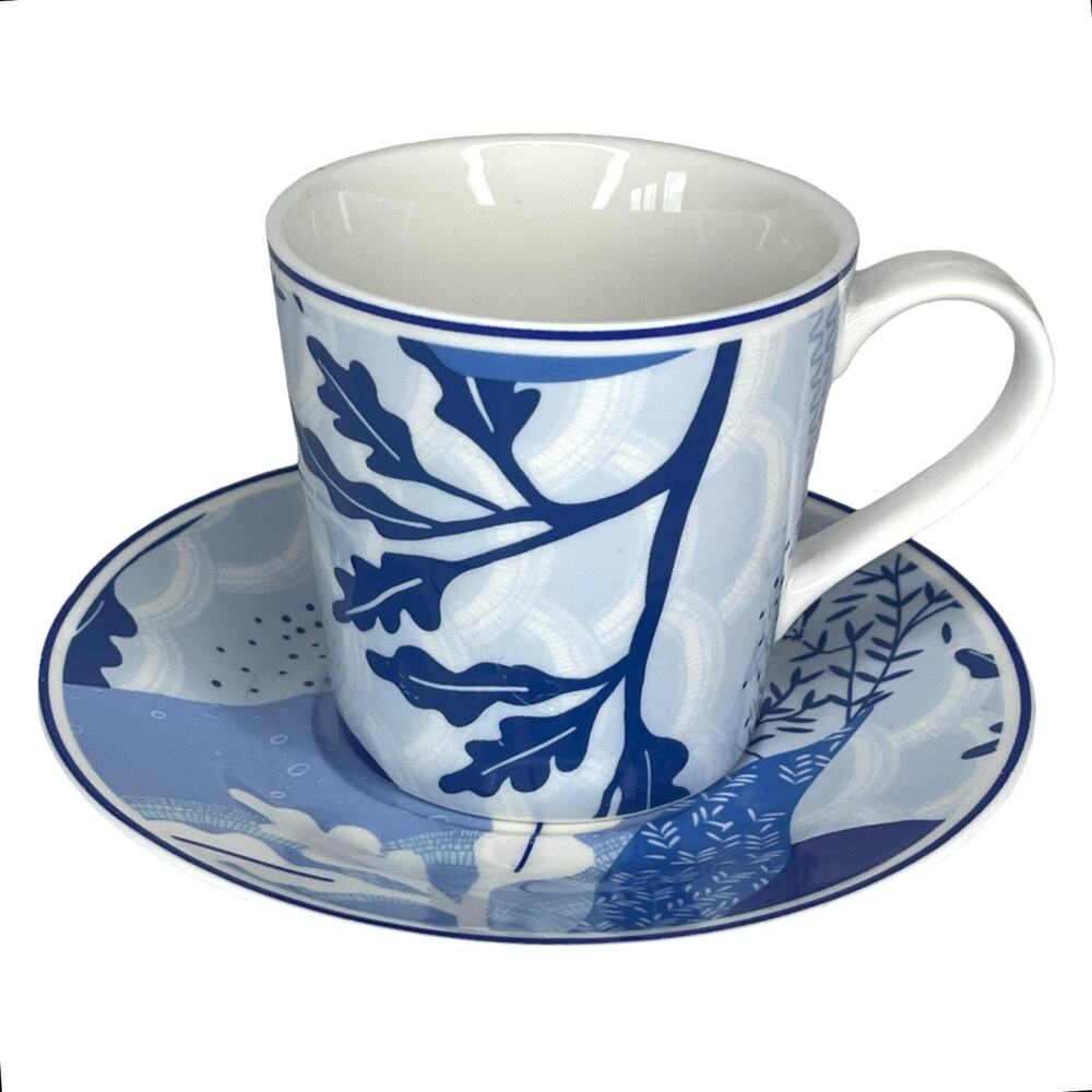 Asian Coffee Tea Cup Saucer Set Tokyo Angela Corti Porcelain Blue White Vtg